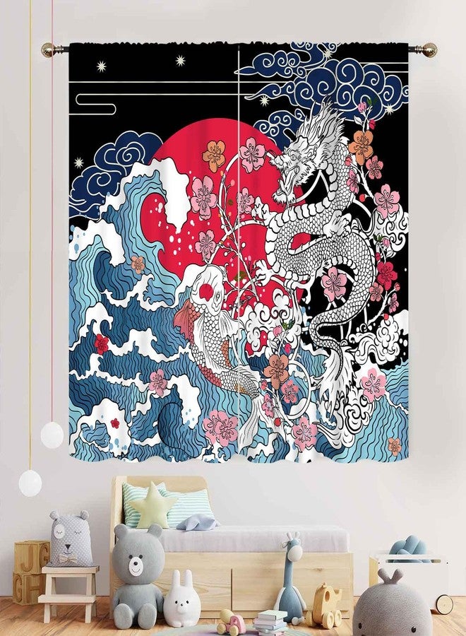 TKUYO Japanese Curtains, Asian Style Japanese Wave Chinese Dragon Cherry Blossom Traditional Oriental Aesthetic Anime Window Drapery Treatments for Bedroom Living Room Bathroom, 42"x45" Inch - Image 3